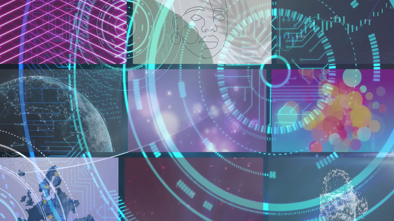 애니메이션 서클, 지구, 인간의 얼굴 그림, 추상적인 패턴, 지도 및 디지털 락