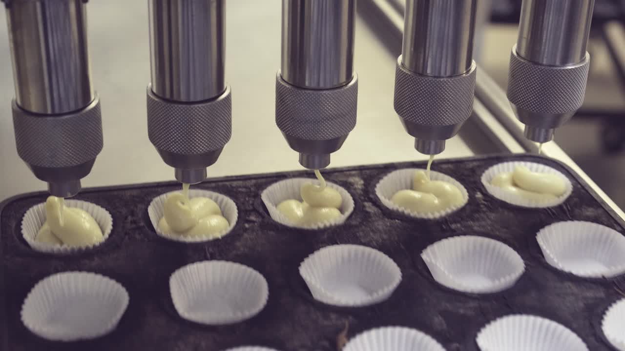 panadero anónimo en la preparación de muffins con máquina automática