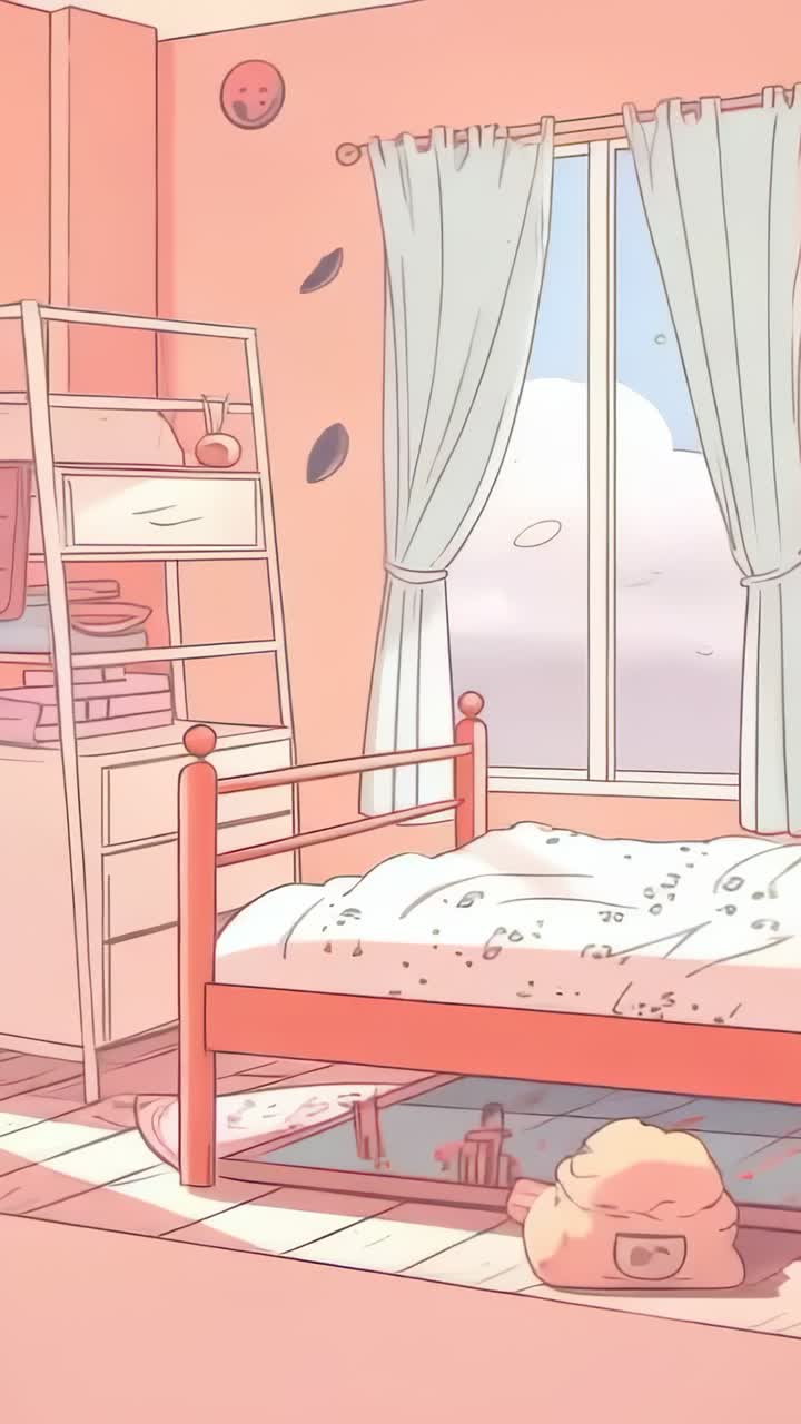 Vertical video: Starting camera panning upward in bedroom, showing bed, window, and drifting leaves