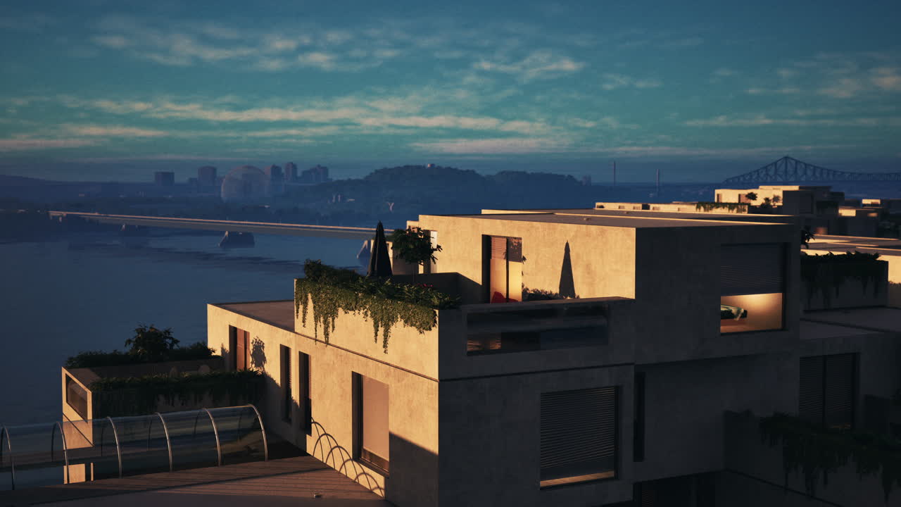 해가 지는 시내 풍경과 강을 내려다보는 발코니를 가진 현대 건축 건물