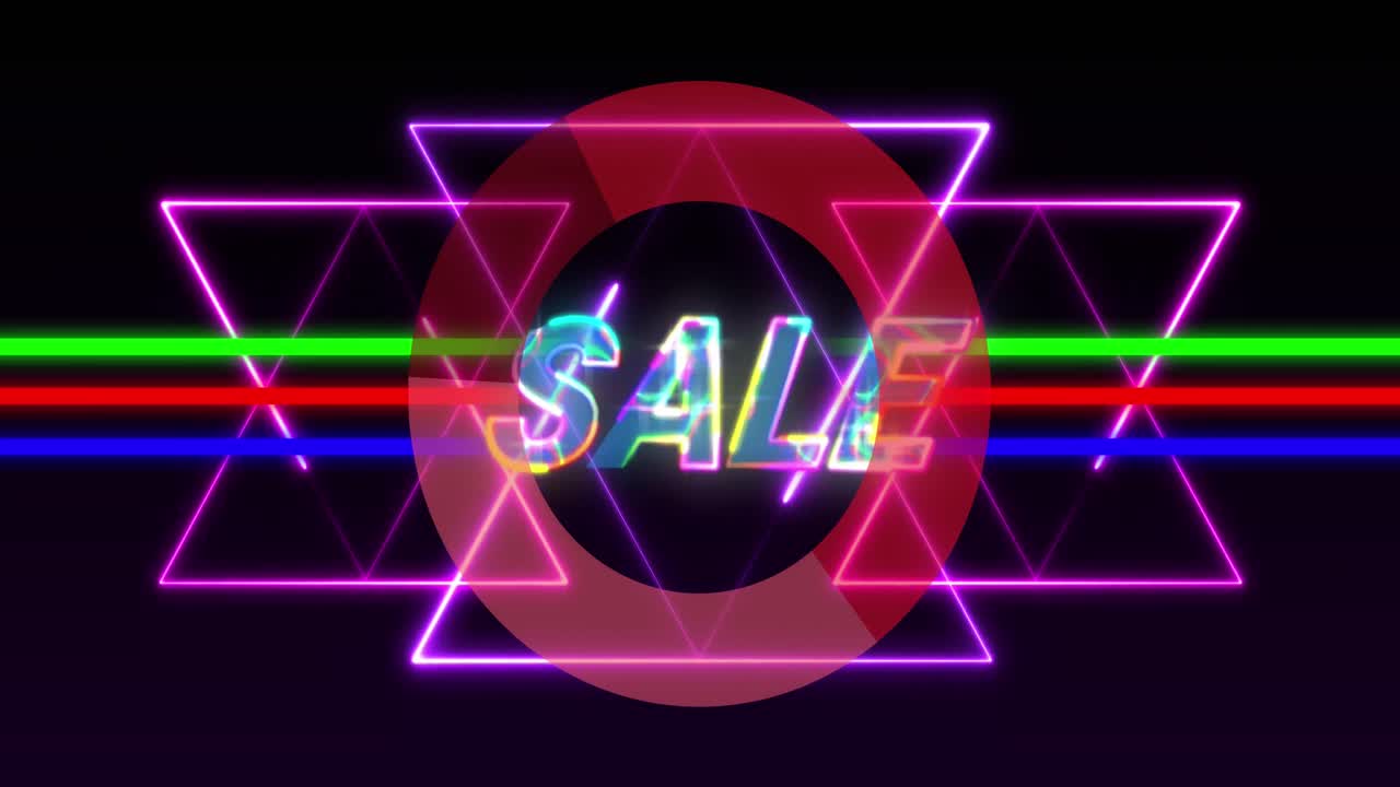 검은색 배경에 활기찬 네온 선 위에 판매 텍스트의 애니메이션