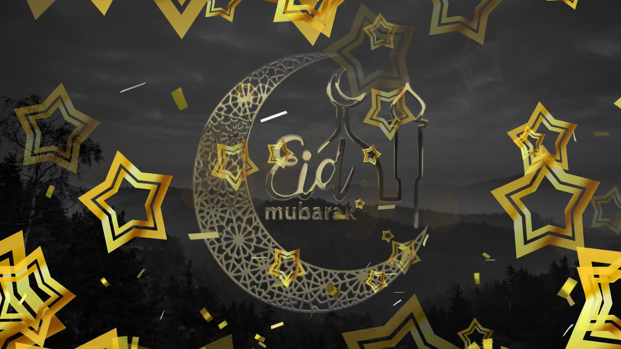Animazione di logo e testo Eid Mubarak su stelle cadenti.