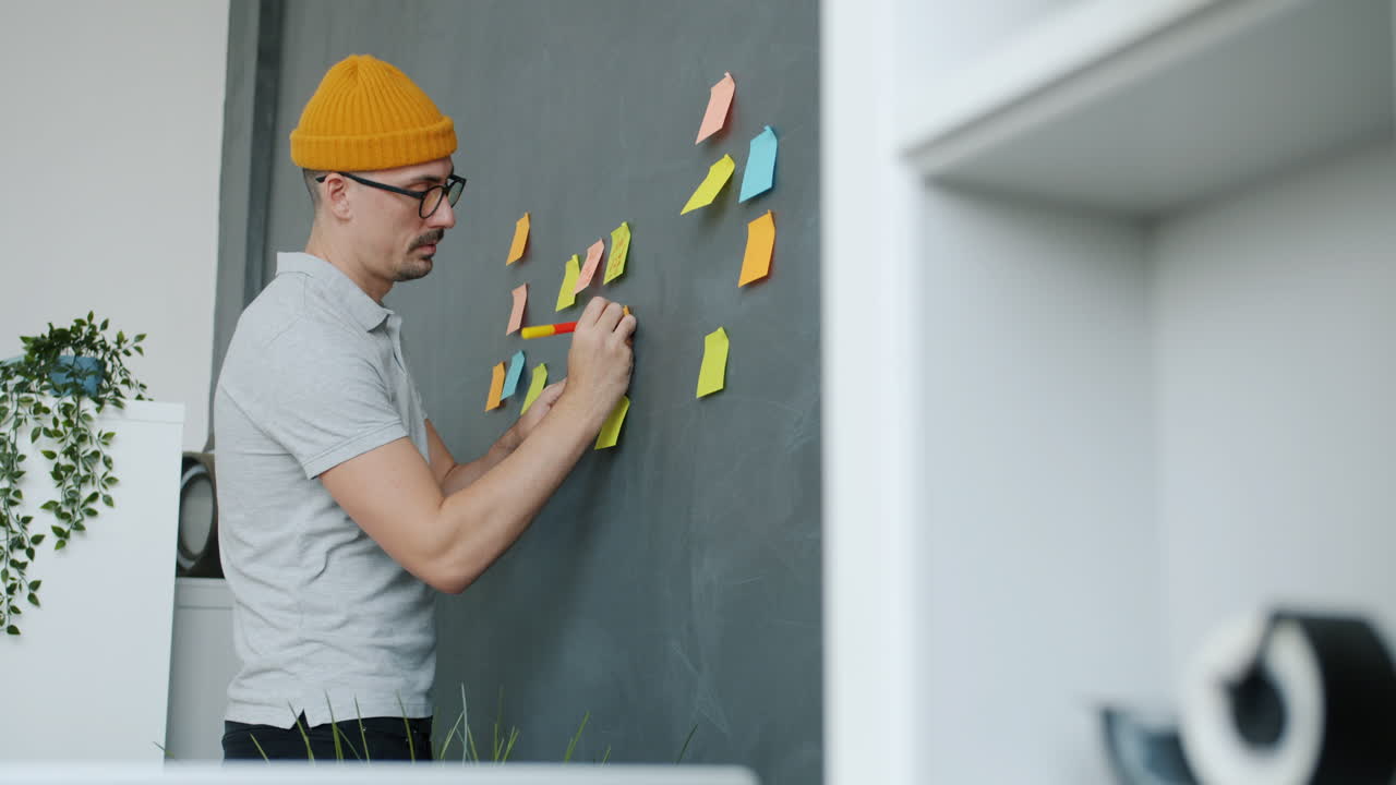 Person Planning on Wall with Post-it Notes