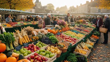 a bustling marketplace filled with fresh produce: colorful fruits and vegetables at dawn, eager shoppers exploring the abundance of organic goods