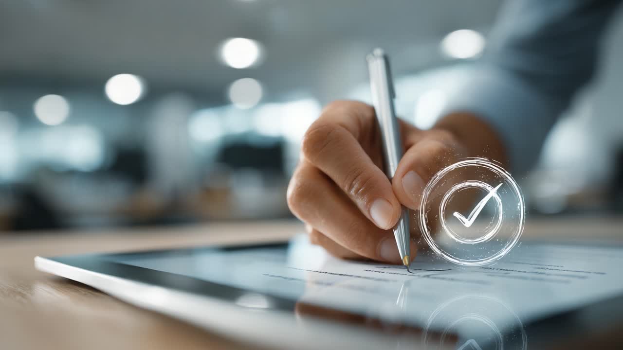 A Close-Up View of an Individual Signing Important Documents on a Digital Tablet with a Checkmark Icon Indicating Approval and Completion of the Task