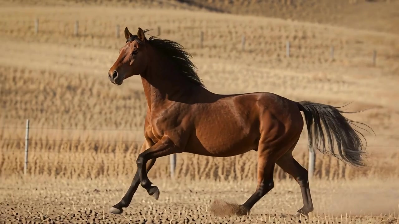 Starter trav, voksen brun hest tager fart hen over tørt græs, sparker støv op ved siden af hegnspæle.