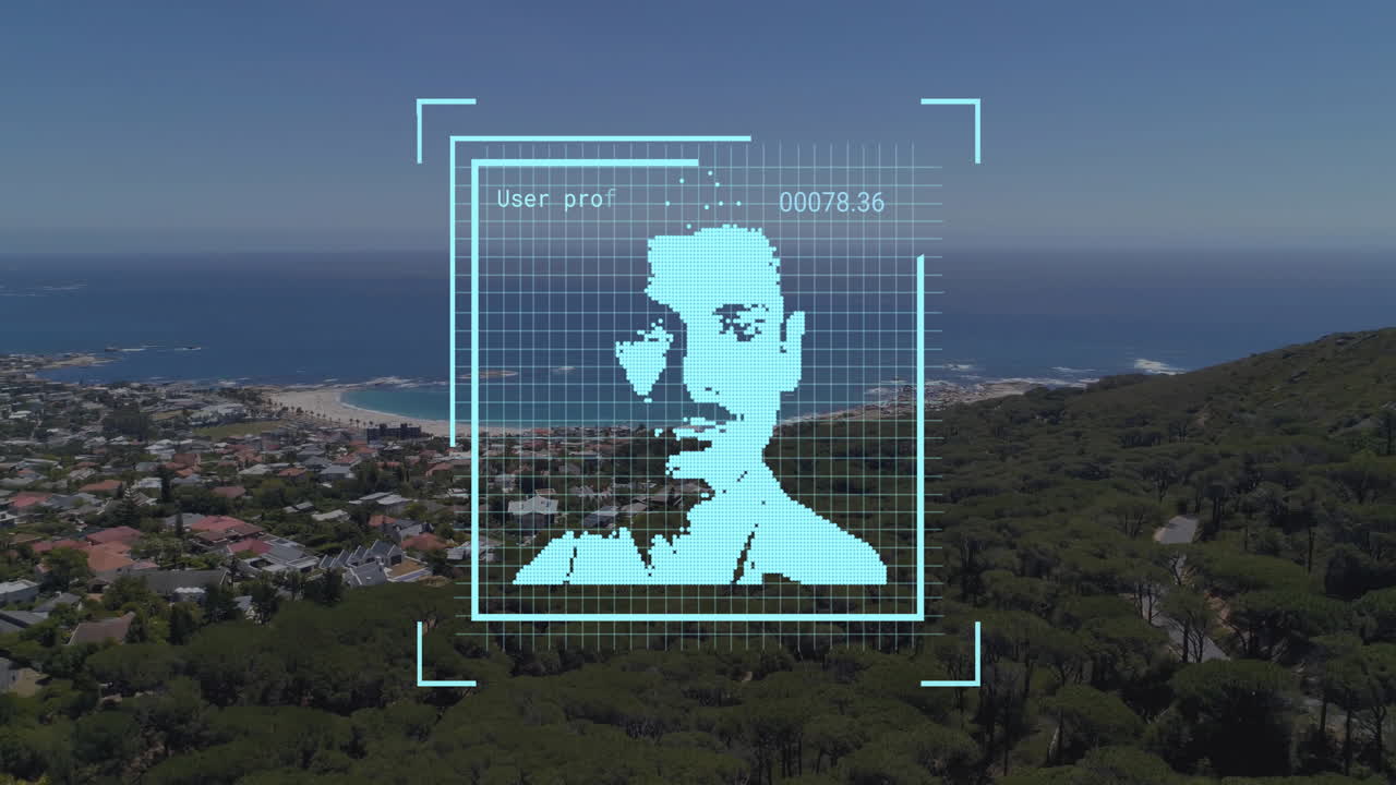 Animace biometrické fotografie a zpracování dat nad krajinou.