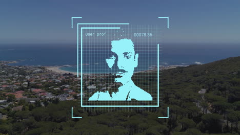 animation of biometric photo and data processing over landscape