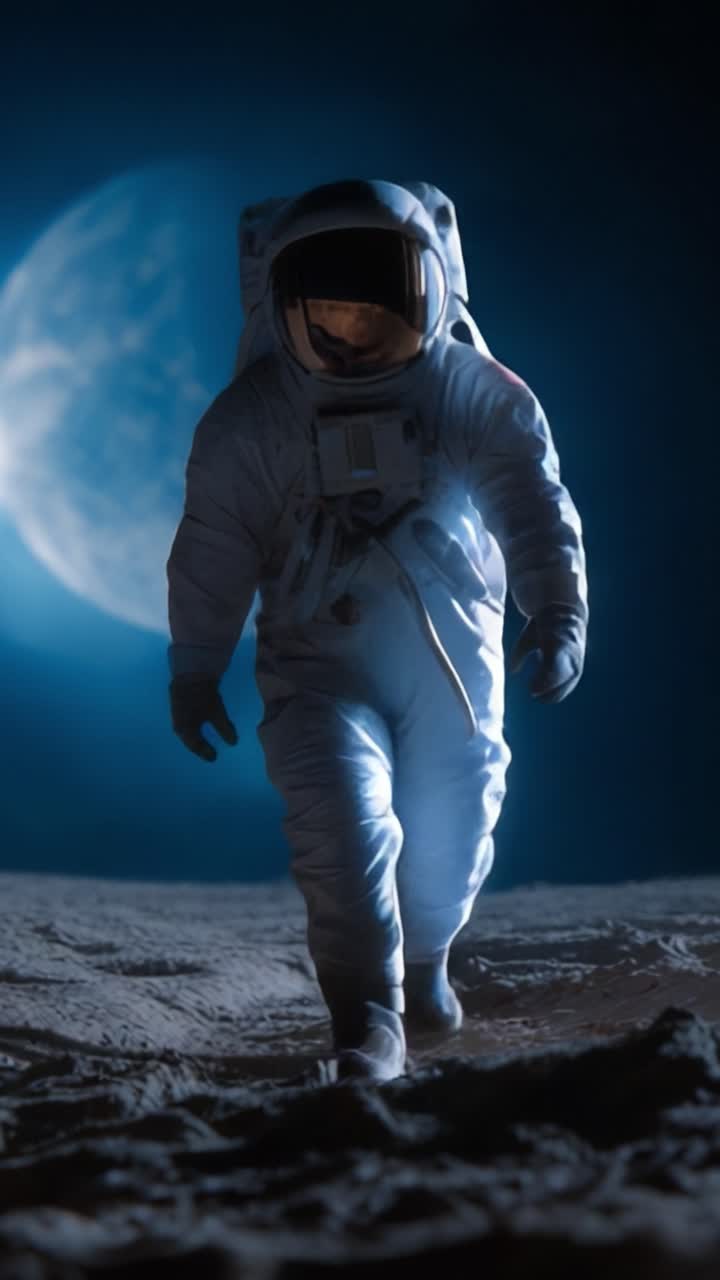 An astronaut explores the moon's surface under a glowing blue moon in a breathtaking scene showcasing the wonder of space exploration and human curiosity