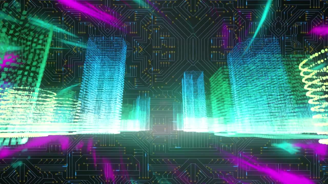 Animation of digital screen with metaverse city, lights and integrated circuit