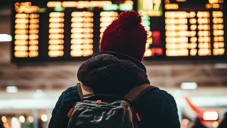 a male traveler with a backpack, standing in an airport terminal