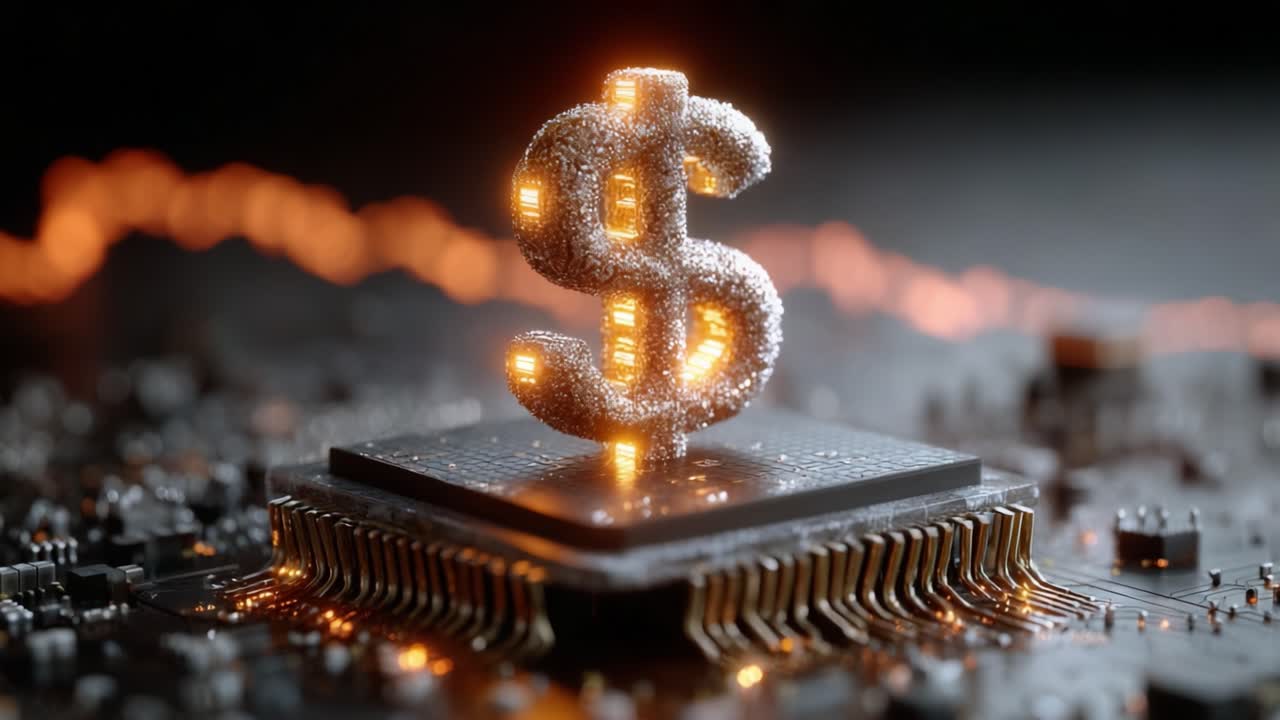 A Stunning Visual Representation of Cryptocurrency and Technology Where a Glowing Dollar Sign Emerges from a Microchip, Symbolizing the Intersection of Finance and Innovation
