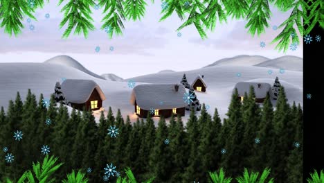 green tree branches and snowflakes falling over multiple trees and houses on winter landscape