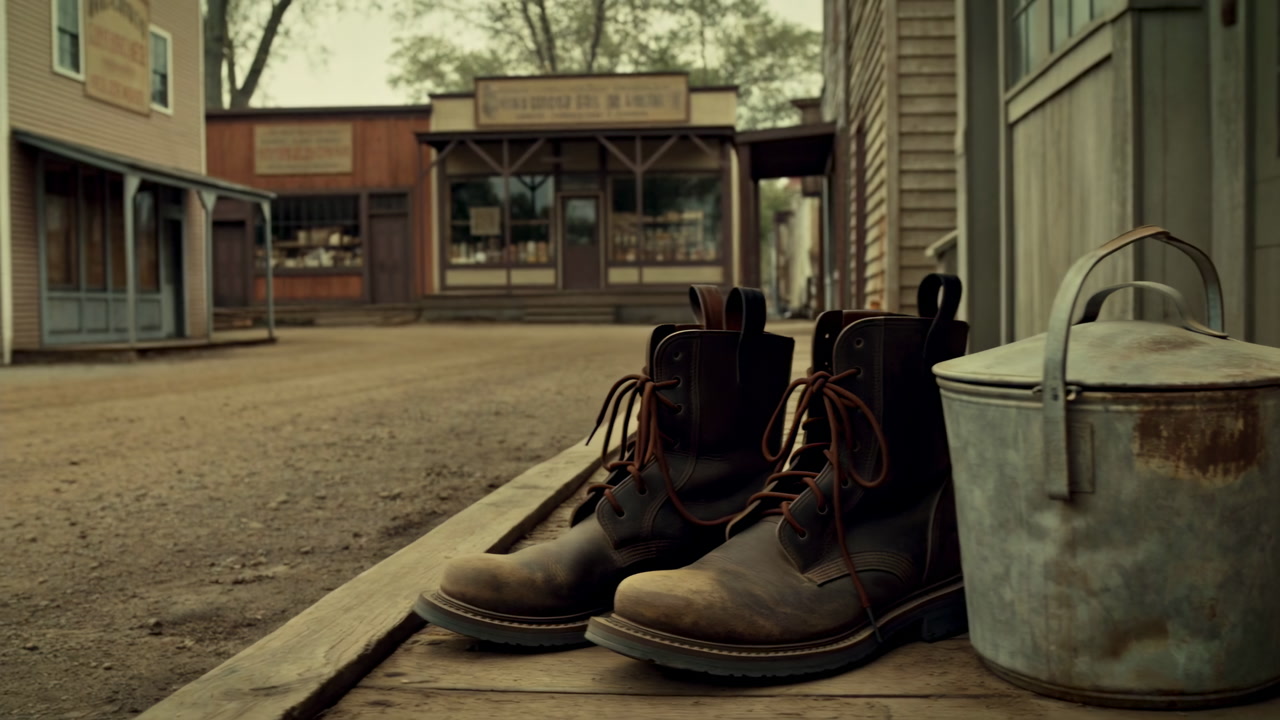 Worn Leather Boots On Porch With Rusted Pail And Empty Dusty Western Main Street, Vintage Saloon Facades,
