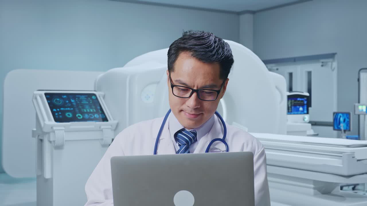 Close Up Of Asian Male Doctor Typing On A Laptop And Smiling With MRI Machine In The Hospital