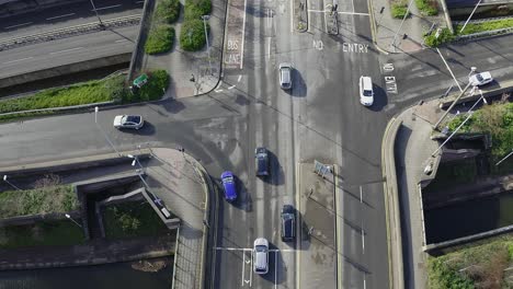 Aerial-footage-of-the-A50,-A500-motorway,-dual-carriage-way-in-the-heart-of-the-city-of-Stoke-on-Trent-in-Staffordshire,-Commuters-travel-north-and-south-on-the-roads