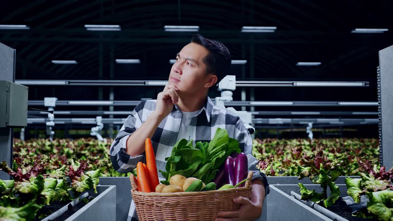 아시아 남성 농부 는 채소 바구니 를 들고 무언가 에 대해 생각 하고 주변 을 둘러보며, 스마트  에 서 있는 동안 지표손가락 을 들어 올린다