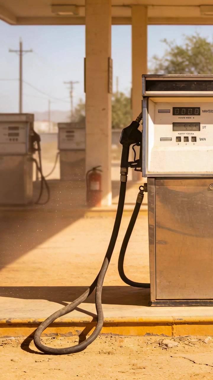 Video verticale: Vento che solleva polvere in una stazione, passando accanto alla pompa di carburante e al tubo a destra, spazio per il testo.