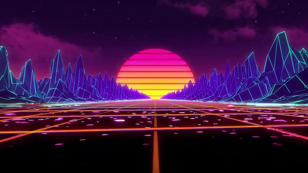 Strada a griglia neon retrowave con montagne wireframe e tramonto.
