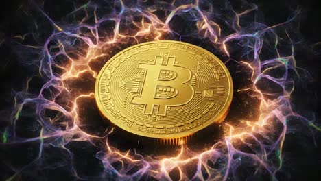 a stunning visual representation of a bitcoin coin surrounded by electric energy patterns, symbolizing the core of cryptocurrency and digital finance innovation