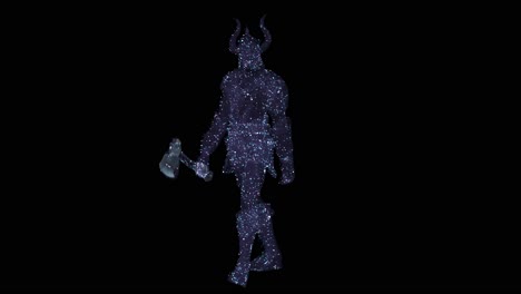 A-blue-hologram-of-a-Viking-warrior-walking,-holding-an-axe-in-his-hand,-on-black-background,-3D-animation