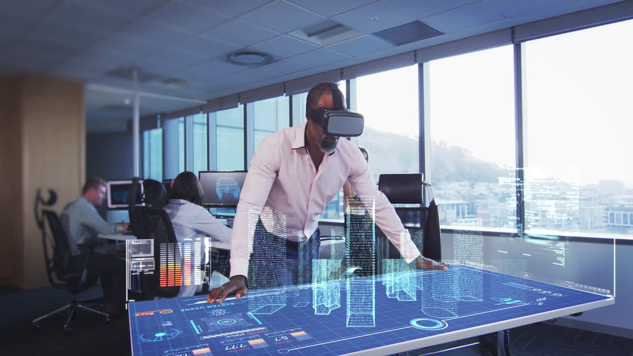 Animation of a businessman wearing a VR headset with a 3d plan on a table