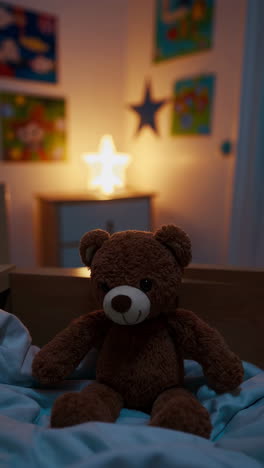 teddy bear in a cozy crib with star night light