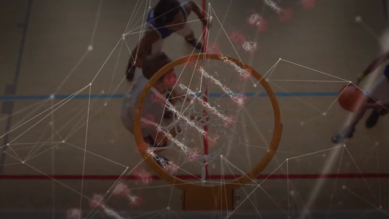 animación de la cadena de adn, red de conexiones sobre jugadores de baloncesto
