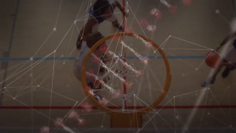 Animation-of-dna-strand,-network-of-connections-over-basketball-players