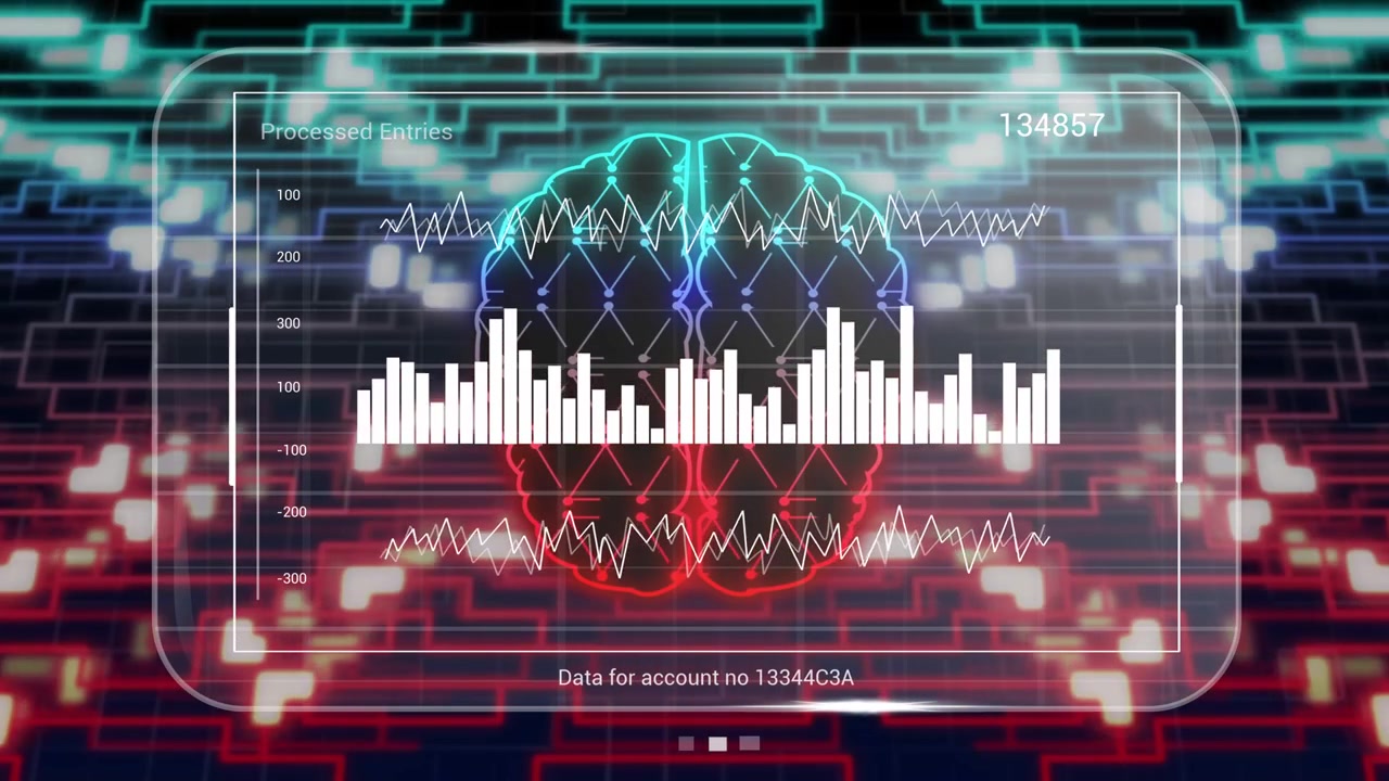 Rounded HUD with neon brain and bar chart animating after data pulse, visualizing processed entries