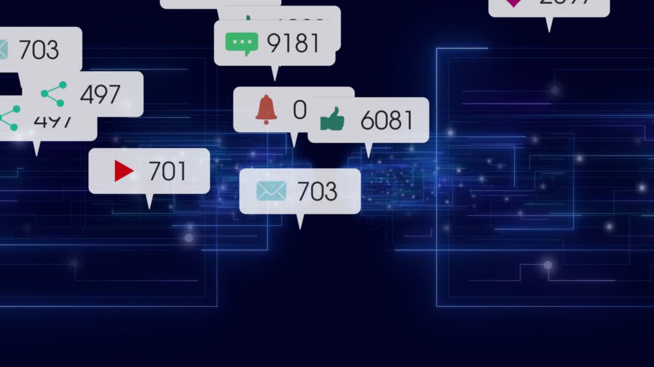 Neon-blue grids pulsing converging streaming notification bubbles flowing inward showing data surge