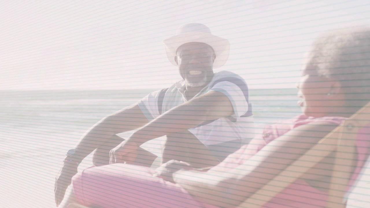 Senior man waving to greet boat, woman waving back near pink chair, creating wave icons travel