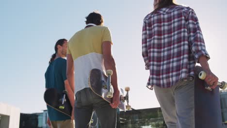 back view of caucasian woman and two male friends walking, talking on sunny day