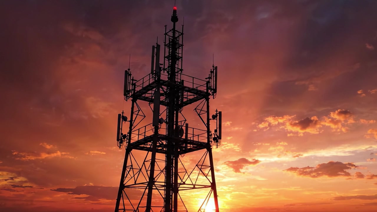 Un tramonto maestoso dietro una torre di telecomunicazioni, che cattura la bellezza della natura e della tecnologia che si fondono contro un cielo colorato pieno di nuvole.