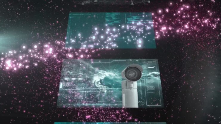 Animation of shooting star over cascading interface screens with data processing on black background