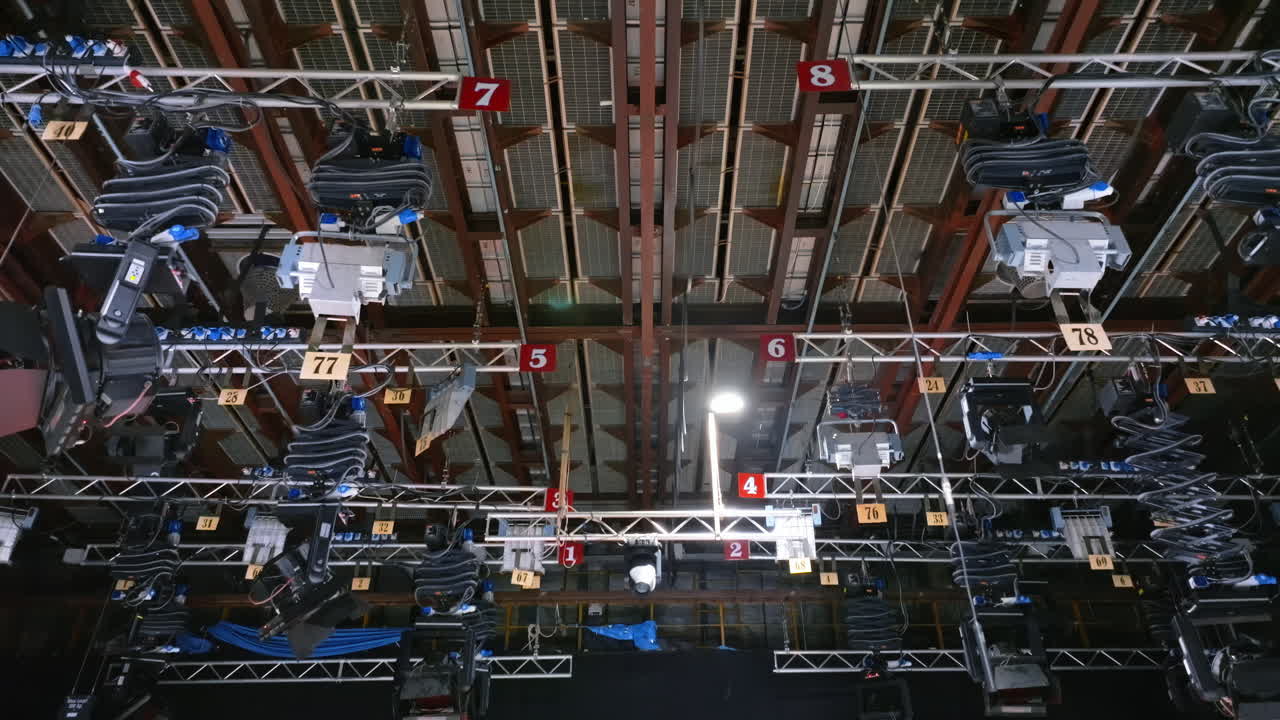 Studio lights equipment on the ceiling of a TV set