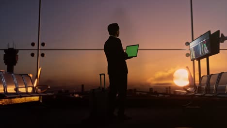 vista trasera completa del cuerpo de un hombre de negocios asiático con una maleta rodante en la sala de embarque del aeropuerto, usando una computadora portátil de pantalla verde, esperando el vuelo, el avión despega fuera de la ventana al atardecer