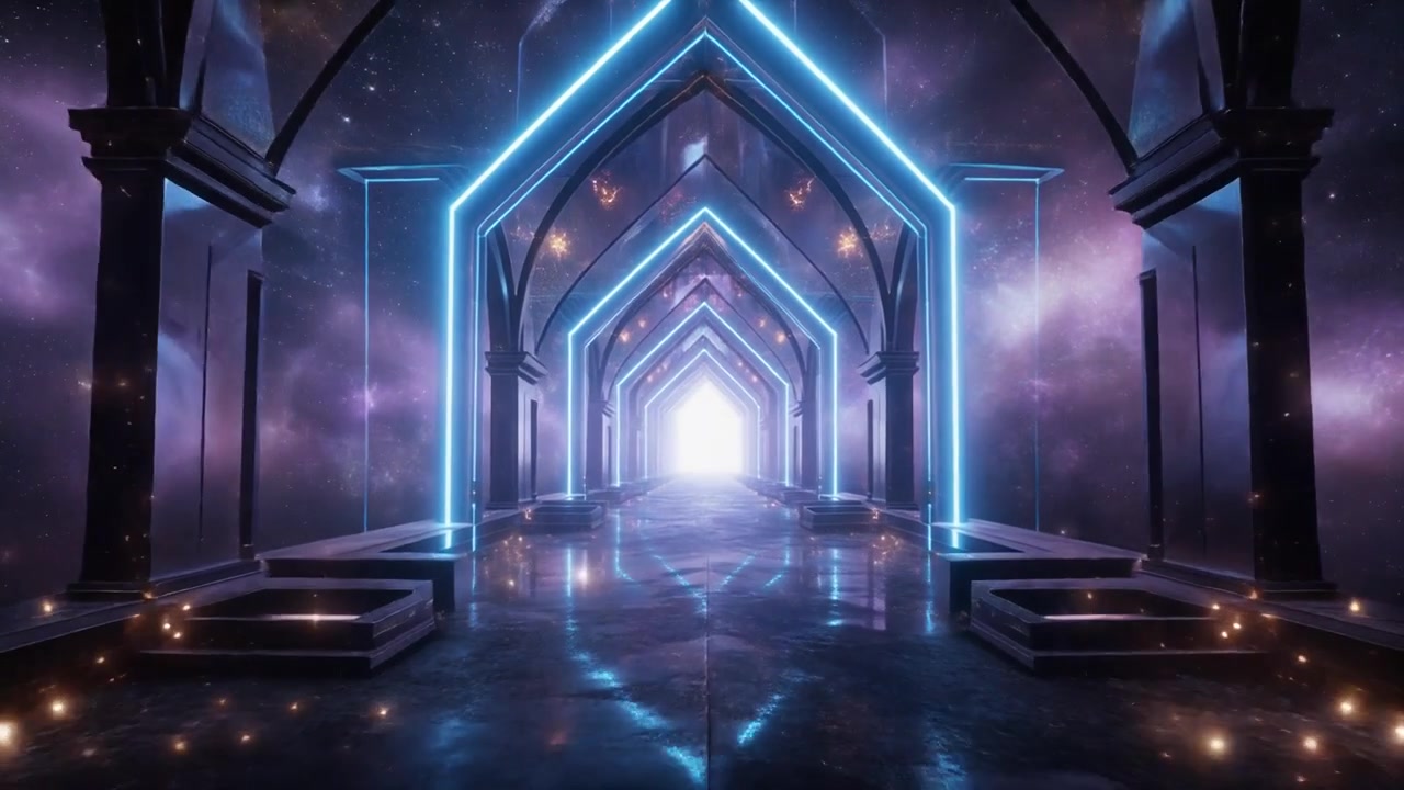 Corridoio futuristico con archi al neon luminosi e sfondo cosmico