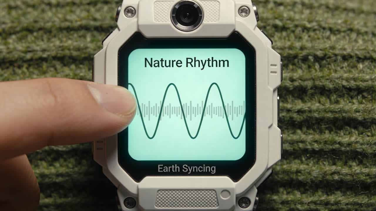 Tapping index finger sliding across white rugged watch on green knit rug, initiating Earth Syncing