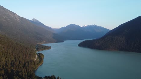 Lillooet-Lake-Surrounded-By-Forested-Mountain-Range-In-The-Early-Morning-In-British-Columbia,-Canada