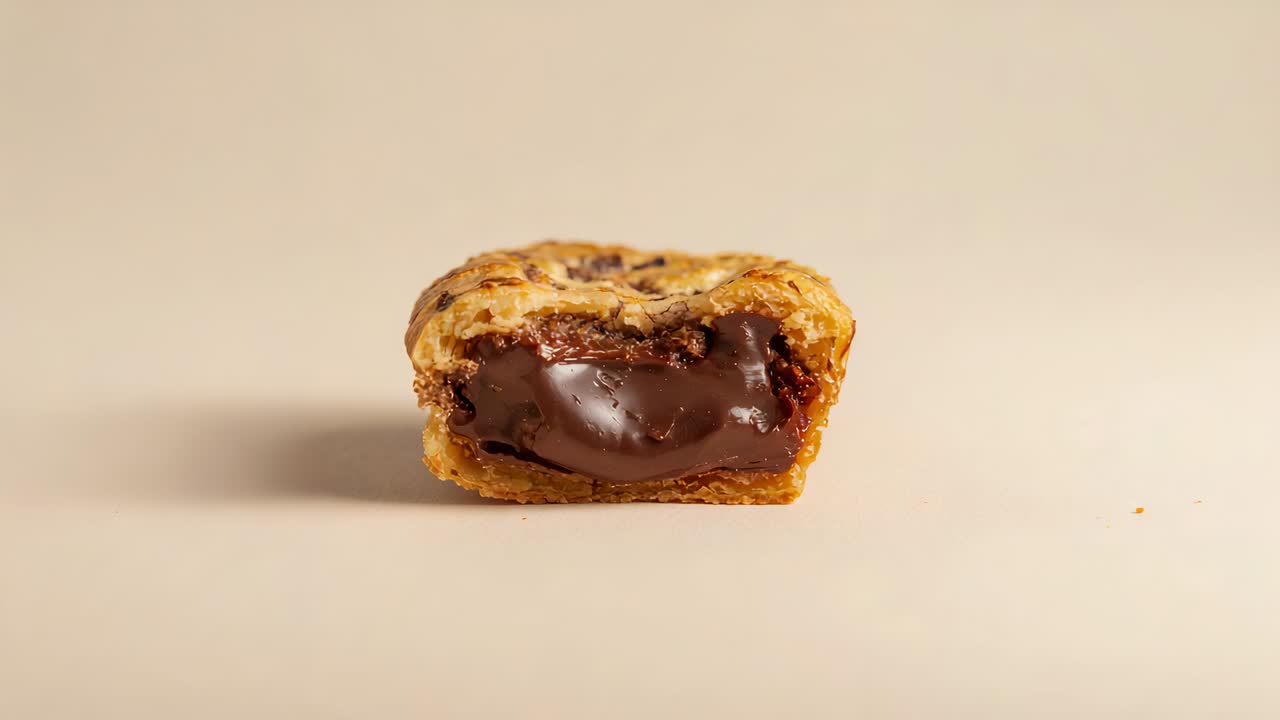 Pulling back camera revealing halved pastry on studio table highlighting molten chocolate center