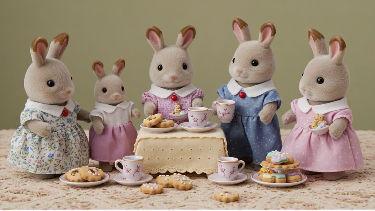 Charming Tea Party with Adorable Plush Rabbits: A Delightful Gathering Captured in Two Frames, Highlighting Their Sweet Bond and Playful Atmosphere