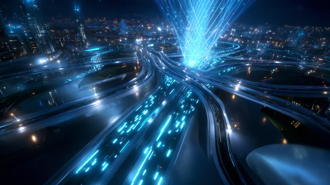 A Stunning Aerial View of a Futuristic Urban Landscape Featuring Glowing Roads and High-Tech Energy Beams Illuminating the Night Sky, Creating a Mesmerizing Visual Display Over a Vibrant Cityscape