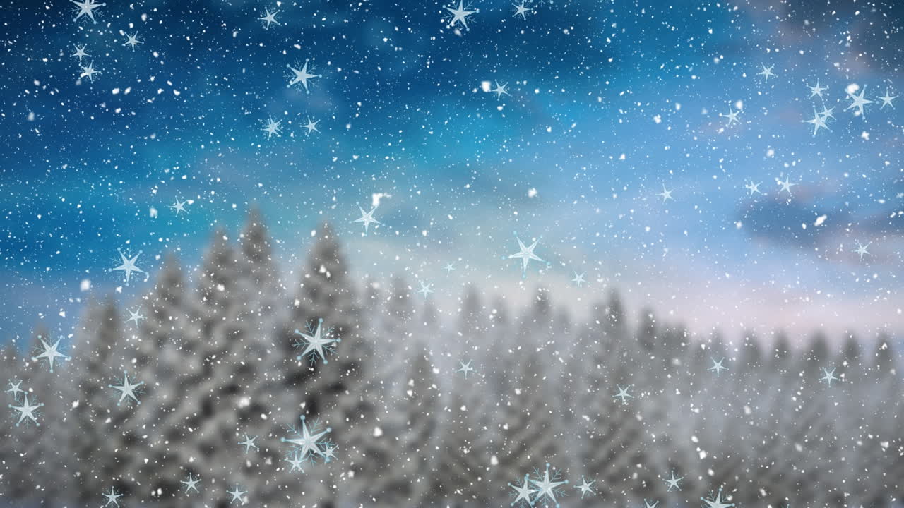 겨울 풍경 배경 위에 내리는 눈의 애니메이션