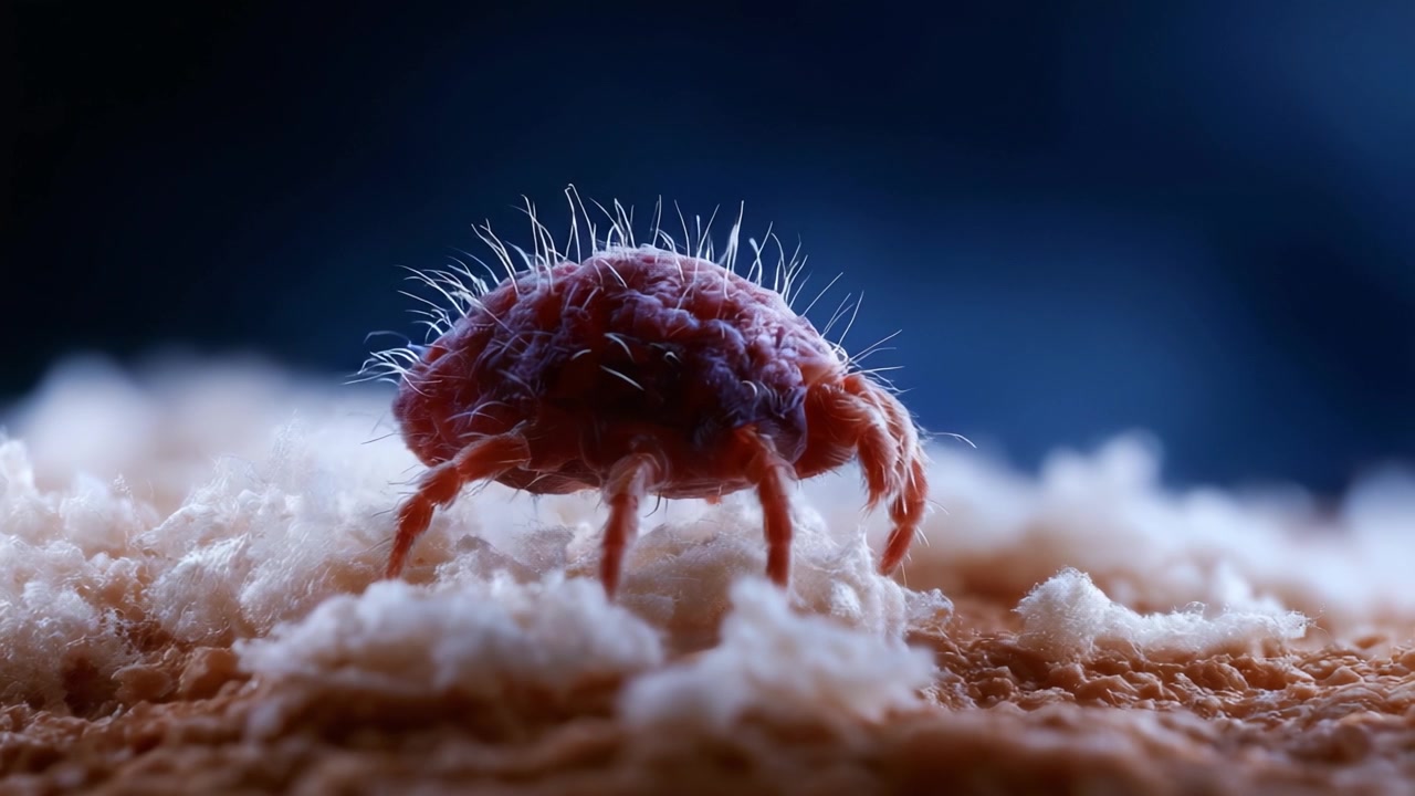 Et Nærbillede af et Lille Spindeldyr: Fanger de Indviklede Detaljer af en Håret Mide, der Bevæger sig Over Sit Teksturerede Habitat i Fantastisk Makrofotografi