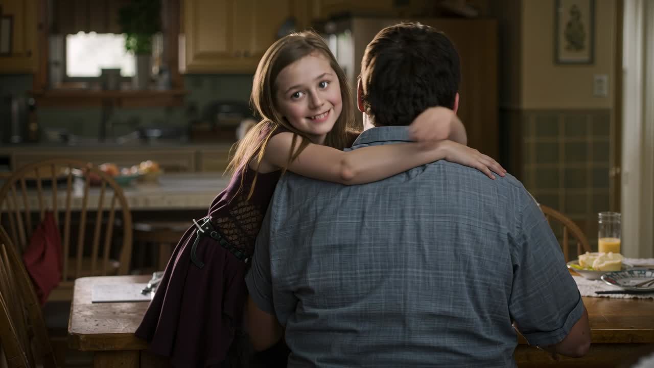 Coming daughter in dress hugging father from behind at breakfast table, man in blue shirt, greeting