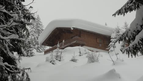 Snow-covered-chalet-during-heavy-snowfall-zooming-in-with-trees-and-masses-of-snow-in-foreground