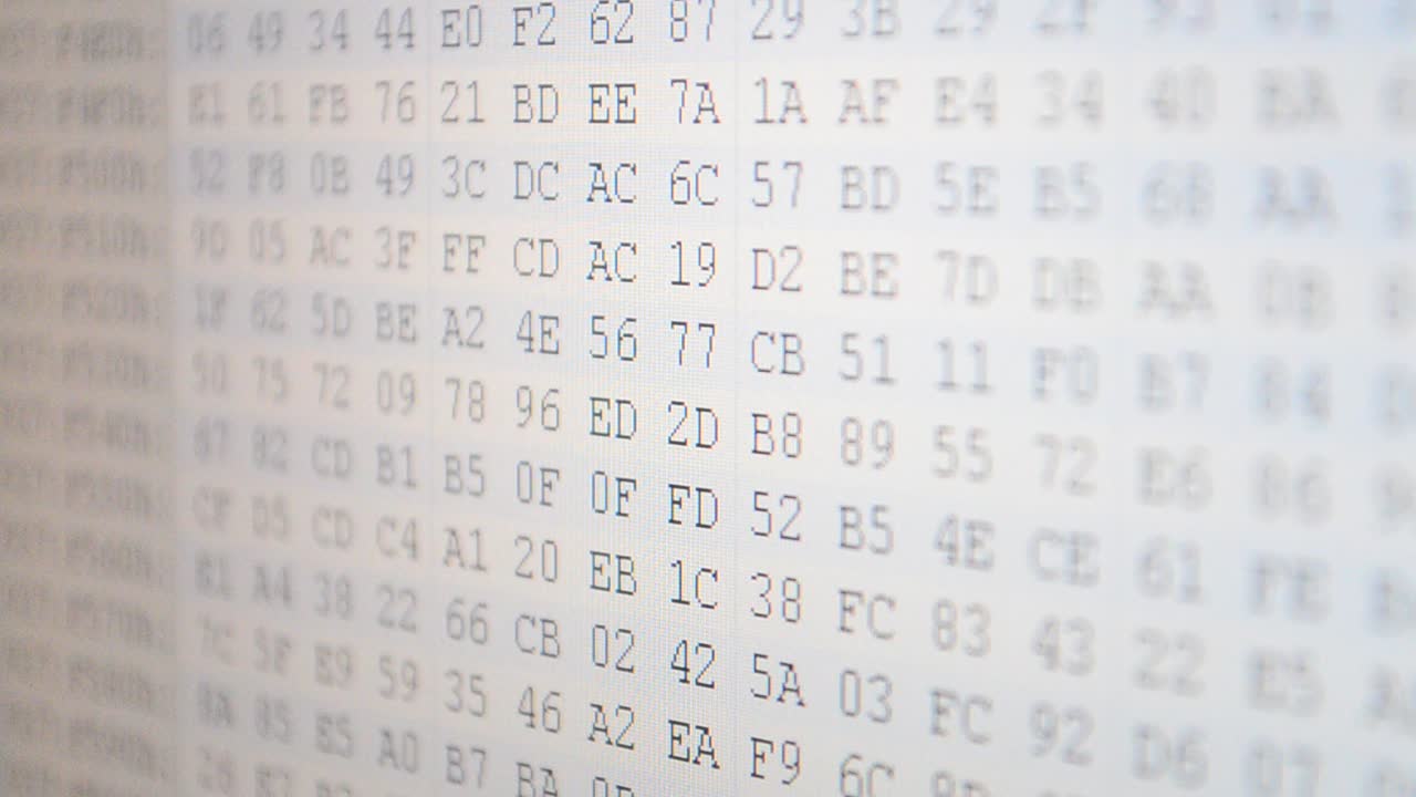 Code on the monitor, binary. Code and background, binary. Hexadecimal program code on screen. Animated background of moving binary code numbers