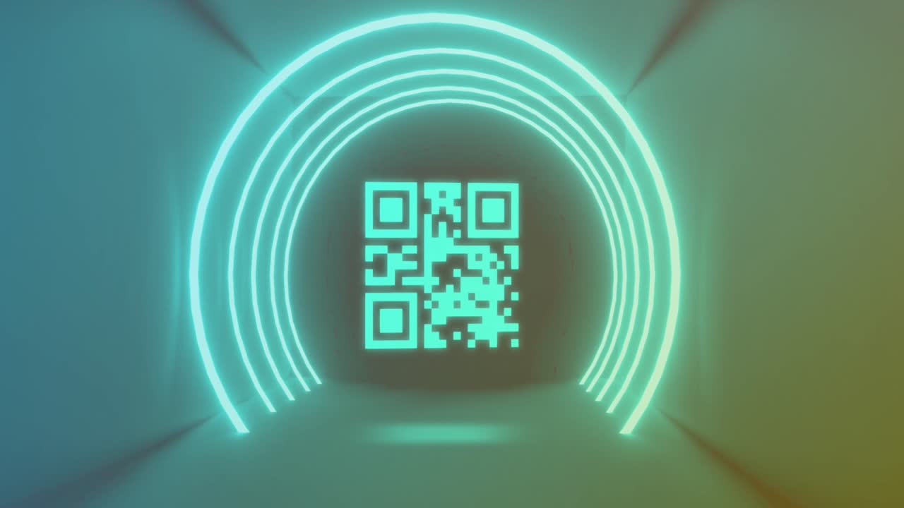 Animation of neon qr code scanner and light trails against blue background