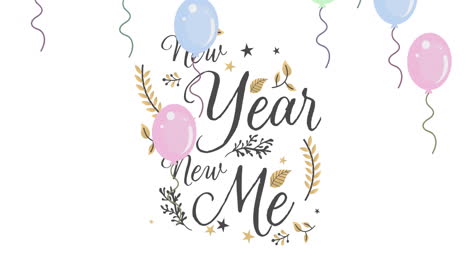 animación de nuevo año nuevo texto de mí y globos sobre fondo blanco